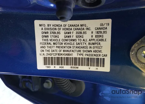 2019 Honda Civic Sport from USA, damaged, VIN 2HGFC2F80KH548641
